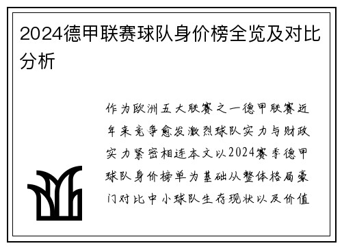 2024德甲联赛球队身价榜全览及对比分析