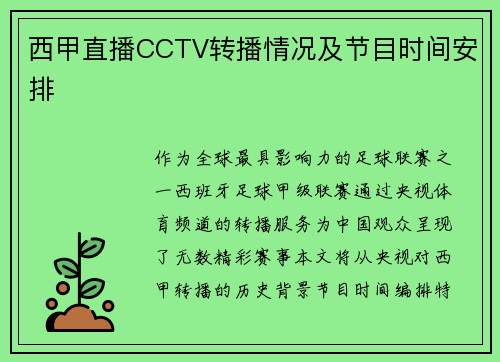 西甲直播CCTV转播情况及节目时间安排